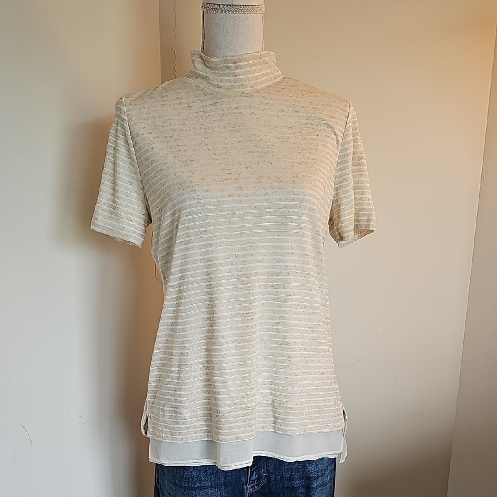 White House Black Market Beige Striped Short Sleeve Top